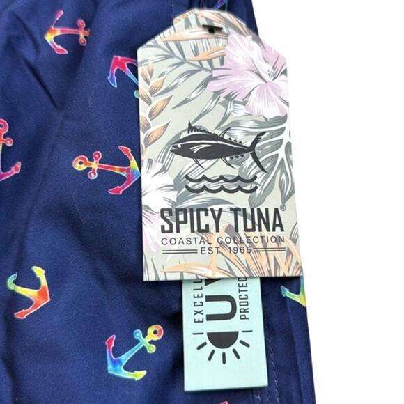 New Men's Spicy Tuna Navy Blue Colorful Anchors Design Swim Shorts Trunks Size L - Picture 4 of 12